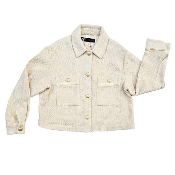 ZARA TEXTURED CROPPED JACKET WITH GOLDEN BUTTONS LAPEL COLLAR - Picture 2 of 10